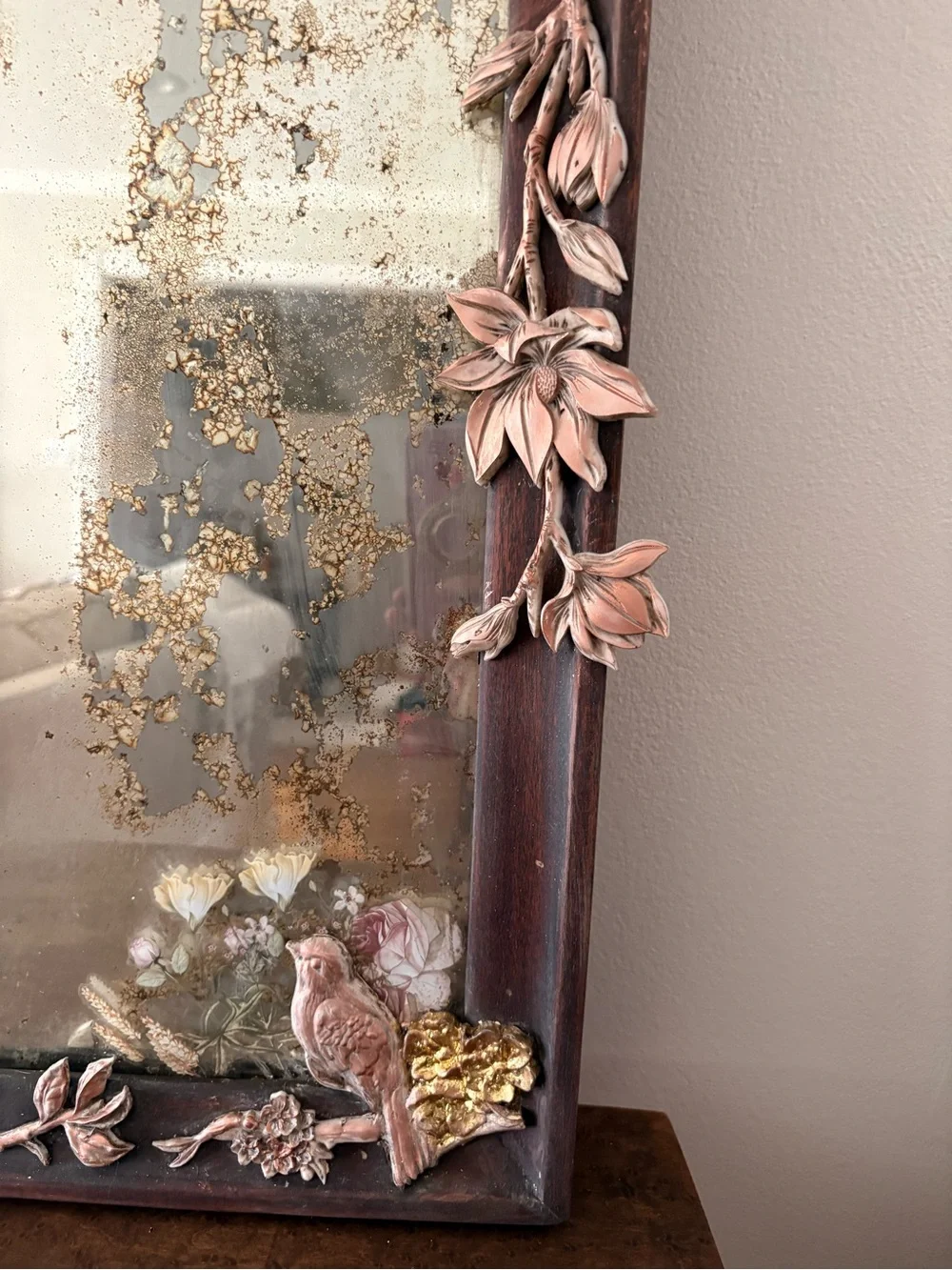 Ornate Floral & Bird Accent Wall Mirror with copper and gold accents